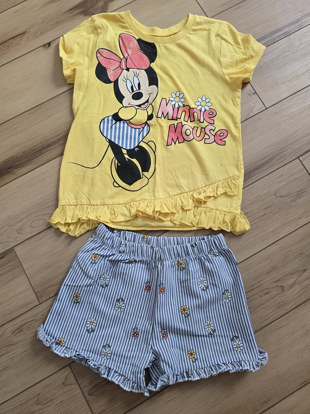 Disney Yellow Minnie Mouse Set with Blue Striped Shorts